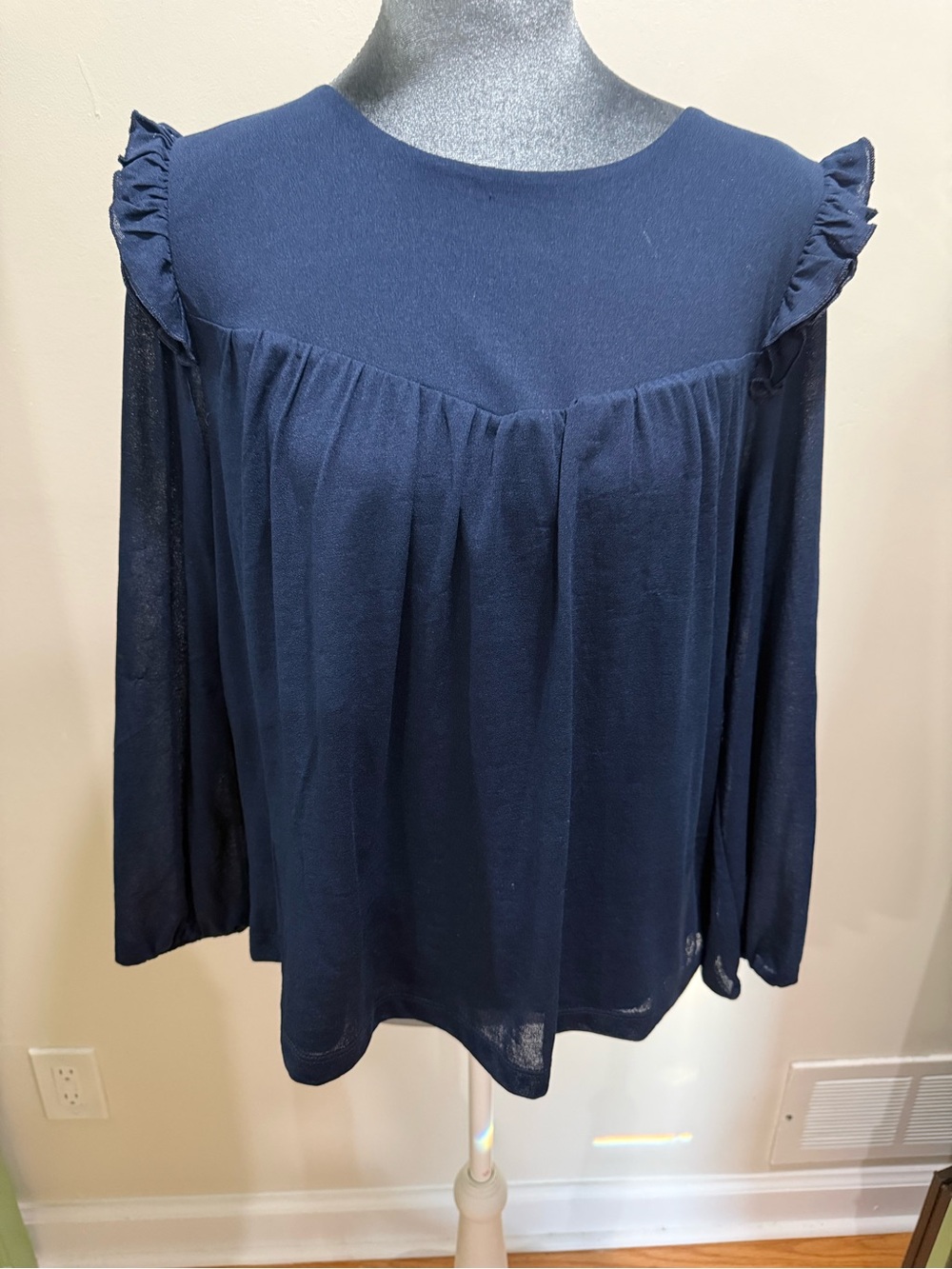 Ann Taylor Factory Navy Lined Ruffled Shoulder Long Sleeve Top